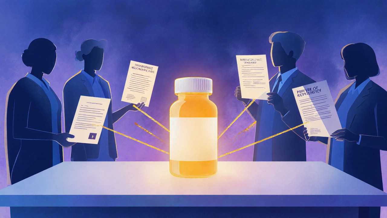 Siluety oprávněných osob spojené s centrální farmaceutickou přepážkou a lékem.